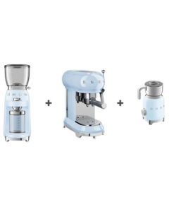 Smeg Bundle Offer Espresso Coffee Machine + Coffee Grinder + Milk Frother, Pastel Blue